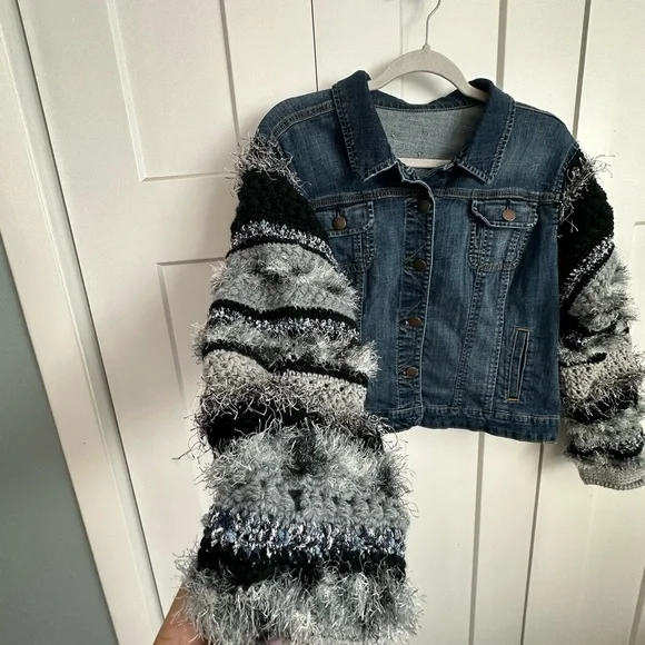 Upcycled Women's Denim Jacket with Crocheted Textured Sleeves - m/l - Picture 2 of 9